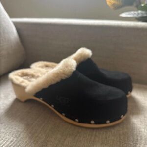 UGG Black Suede Shearling Clogs with Studded Trim
